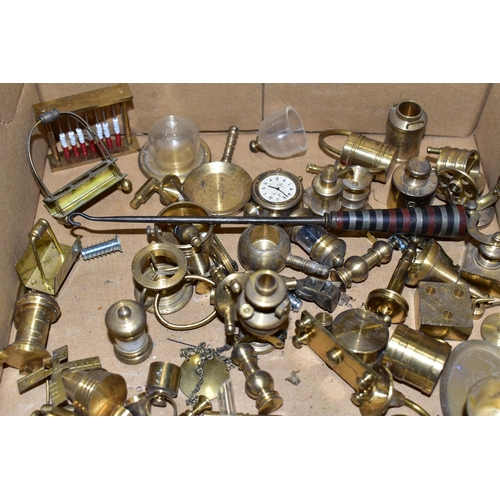 381 - ONE BOX OF MINIATURE BRASS ORNAMENTS, (doll's house pieces) to include oil lamps, roulette wheel, po... 