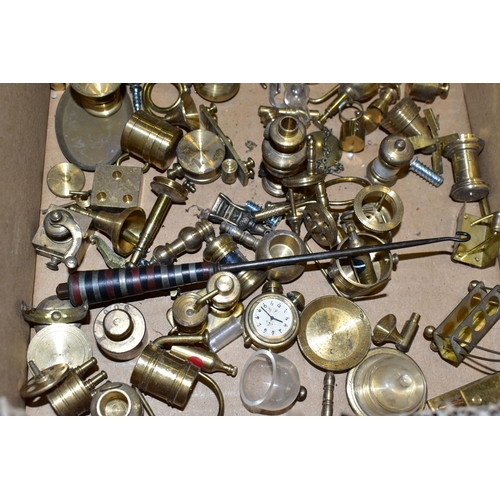 381 - ONE BOX OF MINIATURE BRASS ORNAMENTS, (doll's house pieces) to include oil lamps, roulette wheel, po... 