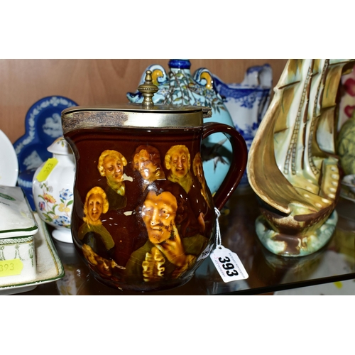 393 - A COLLECTION OF MISCELLANEOUS CERAMICS, comprising a Royal Doulton Kingsware Memories pitcher with a... 