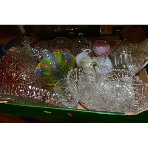 420 - THREE BOXES AND LOOSE GLASSWARES, to include a pastel striped fruit bowl set, Arcopal French glass c... 