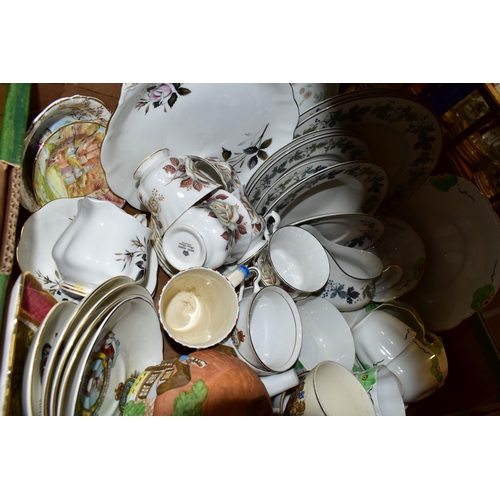 421 - FIVE BOXES OF CERAMIC DINNER AND TEA WARES, to include a Royal Albert 'Queens Messenger' cake plate,... 