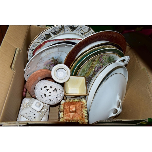 421 - FIVE BOXES OF CERAMIC DINNER AND TEA WARES, to include a Royal Albert 'Queens Messenger' cake plate,... 