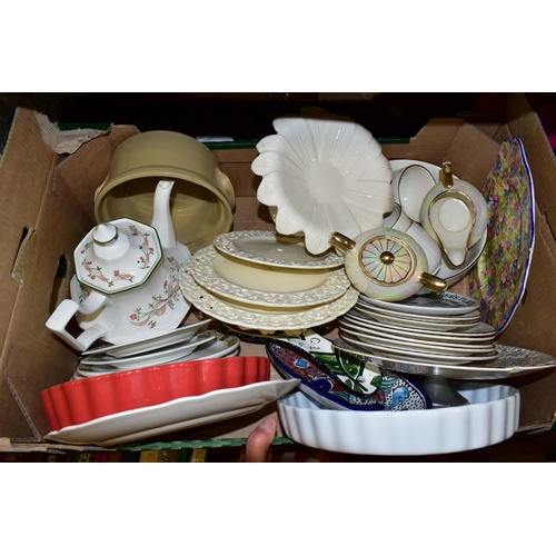 421 - FIVE BOXES OF CERAMIC DINNER AND TEA WARES, to include a Royal Albert 'Queens Messenger' cake plate,... 