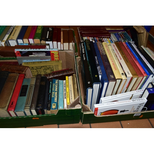 422 - FOUR BOXES BOOKS, CDs & DVDs approximately ninety-five miscellaneous book titles in hardback and pap... 