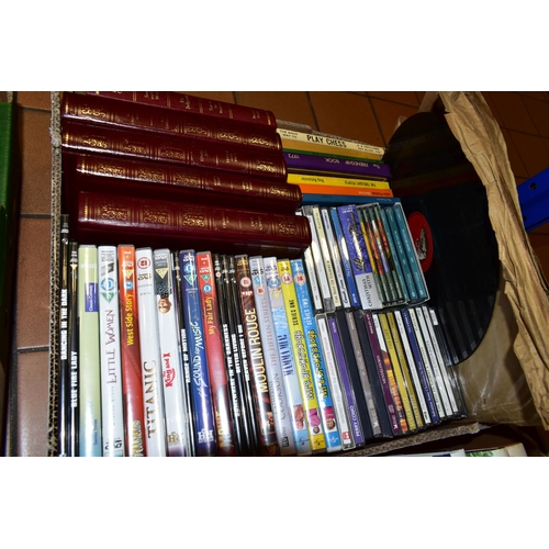 422 - FOUR BOXES BOOKS, CDs & DVDs approximately ninety-five miscellaneous book titles in hardback and pap... 