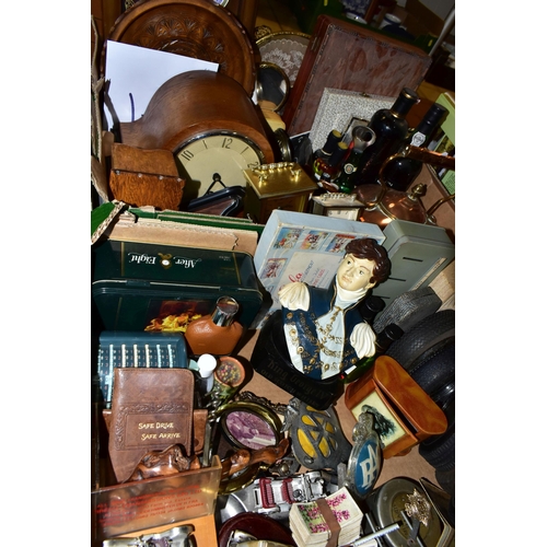 423 - THREE BOXES AND LOOSE VINTAGE ADVERTISING METALWARES, TREEN AND MISCELLANEOUS ITEMS, to include a Ki... 