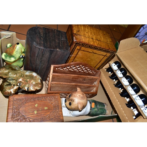 423 - THREE BOXES AND LOOSE VINTAGE ADVERTISING METALWARES, TREEN AND MISCELLANEOUS ITEMS, to include a Ki... 