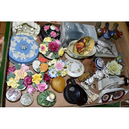 426 - TWO BOXES OF CERAMICS, to include an Aynsley 'Orchard Gold' pin dish, a Sylvac 2696 planter, a black... 