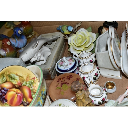 426 - TWO BOXES OF CERAMICS, to include an Aynsley 'Orchard Gold' pin dish, a Sylvac 2696 planter, a black... 