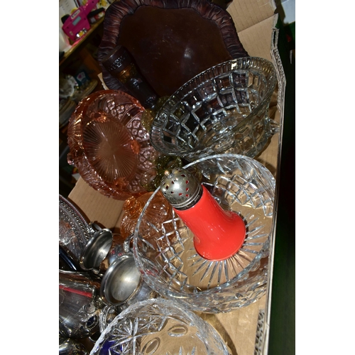 427 - TWO BOXES OF GLASSWARE, METALWARE AND CERAMICS,  to include a Czech set of cups and saucers decorate... 