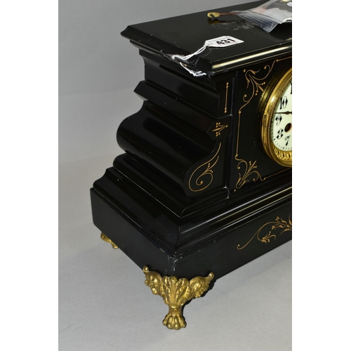 431 - A LARGE BLACK SLATE MANTEL CLOCK, gold foliate detail to front, P. Japy & Cie Medallion 1878 impress... 