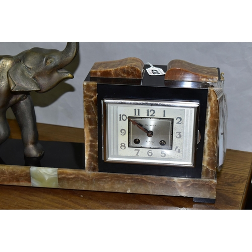 432 - A FRENCH ART DECO MARBLE MANTEL CLOCK, Olivaux Renn, with key and pendulum and figure of an elephant... 