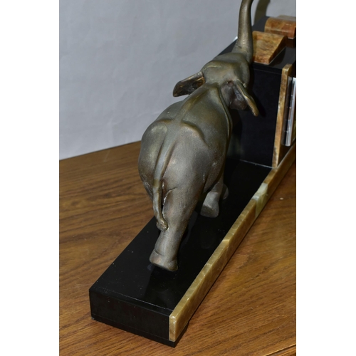 432 - A FRENCH ART DECO MARBLE MANTEL CLOCK, Olivaux Renn, with key and pendulum and figure of an elephant... 