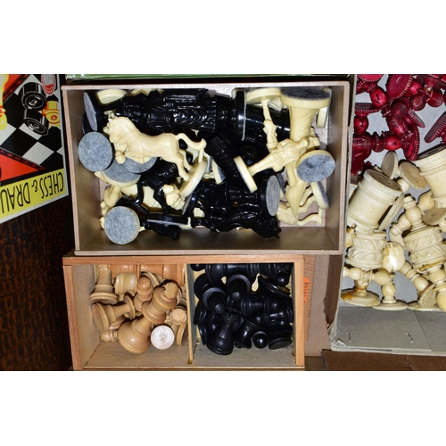 438 - A BOX OF ASSORTED CHESS SETS, PLAYING CARDS AND DOMINOS,  to include two unused sets of Bridge playi... 