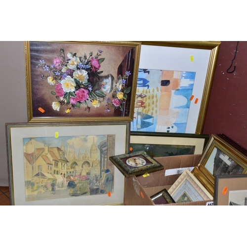 442 - A BOX AND LOOSE ASSORTED PRINTS ETC, to include a watercolour depicting a street market circa 1940's... 