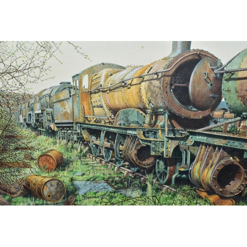 443 - M.W. COE (LATE 20TH CENTURY) 'CLASS 38XX 2-8-0 AT BARRY', rusting steam locomotives are depicted at ... 