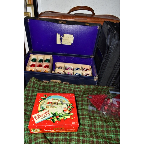 448 - TWO BOXES OF VINTAGE BRIEFCASES AND ASSORTED CHRISTMAS BAUBLES AND DECORATIONS, to include two vinta... 