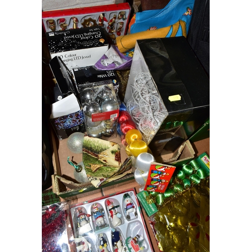 448 - TWO BOXES OF VINTAGE BRIEFCASES AND ASSORTED CHRISTMAS BAUBLES AND DECORATIONS, to include two vinta... 