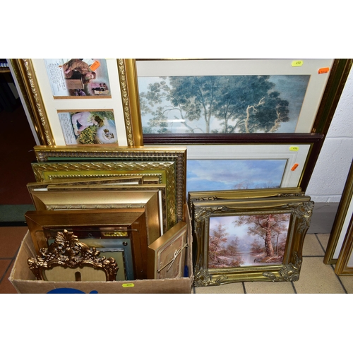 450 - A BOX AND LOOSE PAINTINGS AND PRINTS ETC, to include a 20th century pastoral landscape signed Gullen... 