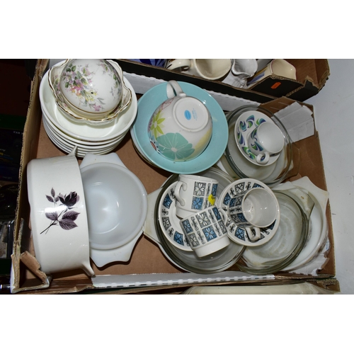 451 - SIX BOXES OF ASSORTED CERAMICS AND GLASSWARE, including Queen Anee 'Napoli' pattern tea wares, assor... 