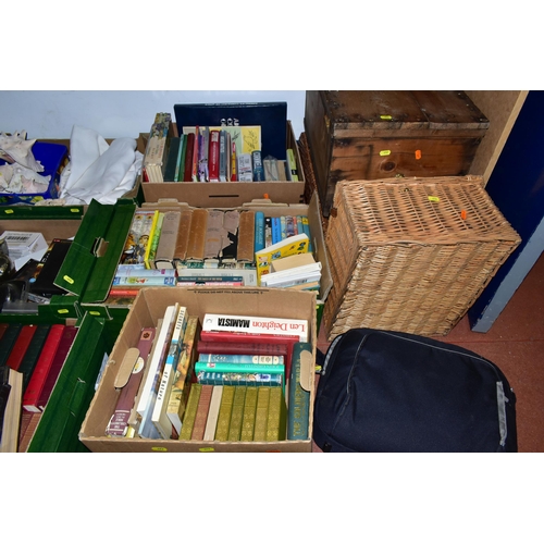 452 - TWO WICKER PICNIC BASKETS, EIGHT  BOXES AND LOOSE BOOKS, CHRISTMAS DECORATIONS, ETC, including a pin... 