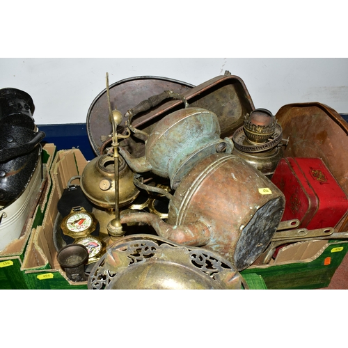 456 - THREE BOXES AND LOOSE OF METALWARES, ETC, including pewter and silver plated tea wares, a vintage me... 