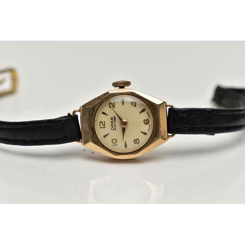 1 - TWO LADYS 9CT GOLD WRISTWATCHES, the first with a round cream dial signed 'Omer', alternating Arabic... 