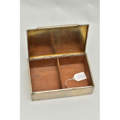 152 - A WHITE METAL CIGARETTE BOX, of a rectangular form, polished design, wooden interior, stamped to the... 