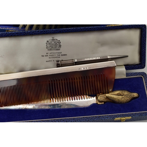 154 - FOUR PIECES OF SILVER ITEMS, to include a boxed commemorative 'Mappin & Webb' letter opener displayi... 