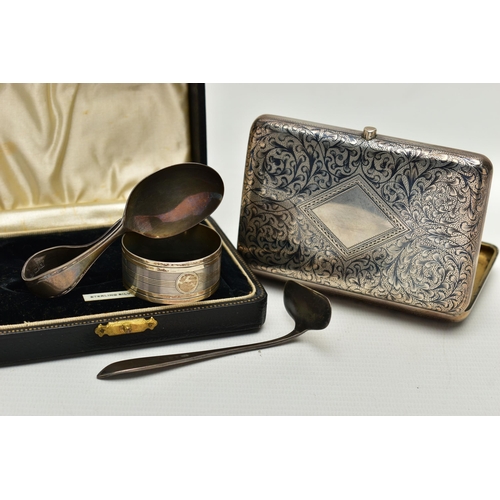 155 - A RUSSIAN SILVER AND NIELLO CIGARETTE CASE, A CASED SILVER BABY FEEDING SET AND A NAPKIN RING, cigar... 