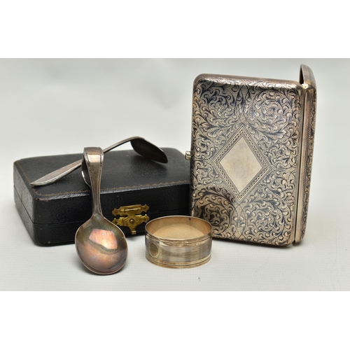 155 - A RUSSIAN SILVER AND NIELLO CIGARETTE CASE, A CASED SILVER BABY FEEDING SET AND A NAPKIN RING, cigar... 