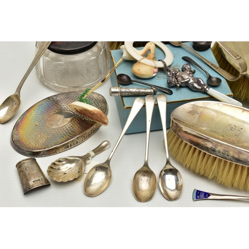 158 - A BOX OF ASSORTED SILVER ITEMS, to include two silver clothes brushes, a clothes brush silver liner ... 