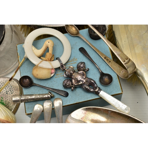 158 - A BOX OF ASSORTED SILVER ITEMS, to include two silver clothes brushes, a clothes brush silver liner ... 