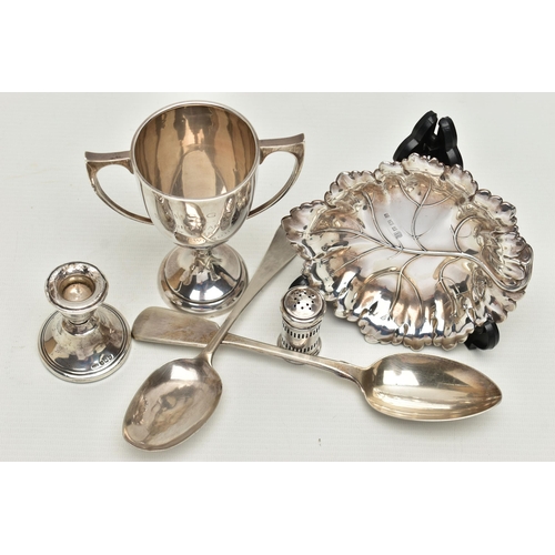 159 - SIX PIECES OF SILVER WARE, to include a leaf shaped bonbon dish, hallmarked 'Barker Ellis Silver Co'... 