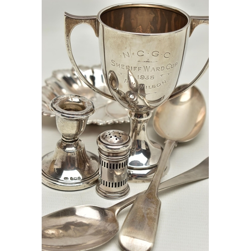 159 - SIX PIECES OF SILVER WARE, to include a leaf shaped bonbon dish, hallmarked 'Barker Ellis Silver Co'... 