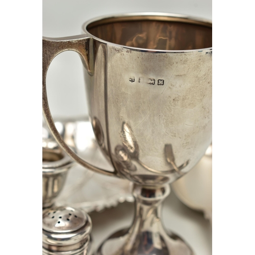 159 - SIX PIECES OF SILVER WARE, to include a leaf shaped bonbon dish, hallmarked 'Barker Ellis Silver Co'... 