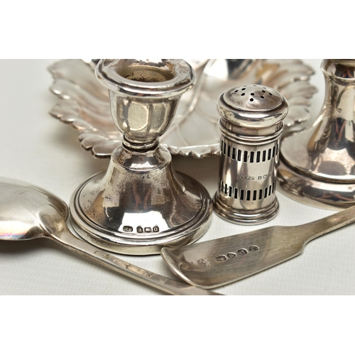 159 - SIX PIECES OF SILVER WARE, to include a leaf shaped bonbon dish, hallmarked 'Barker Ellis Silver Co'... 