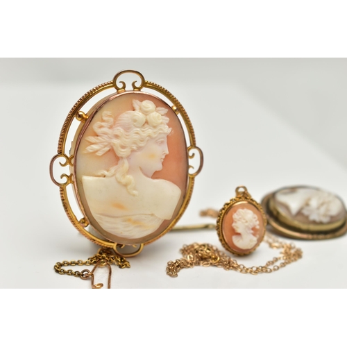 17 - THREE PIECES OF CAMEO JEWELLERY, to include a cameo brooch, carved shell cameo depicting a lady in p... 