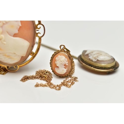 17 - THREE PIECES OF CAMEO JEWELLERY, to include a cameo brooch, carved shell cameo depicting a lady in p... 