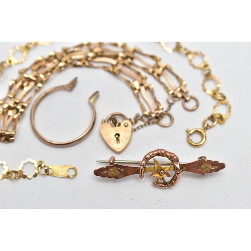 18 - TWO BRACELETS, A BROOCH AND RING SHANK, to include a yellow gold fancy openwork link bracelet, fitte... 