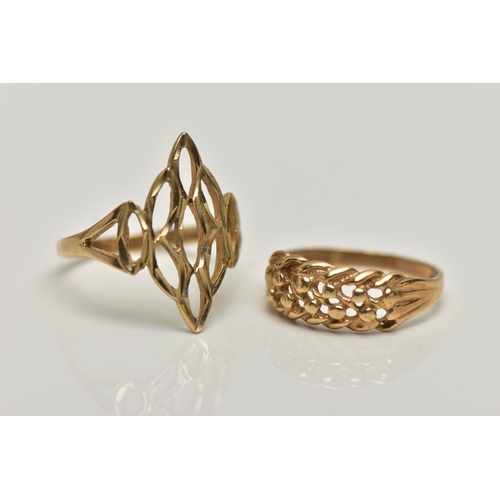 23 - TWO 9CT GOLD RINGS, the first of an openwork marquise form, bifurcated shoulders, leading onto a pol... 