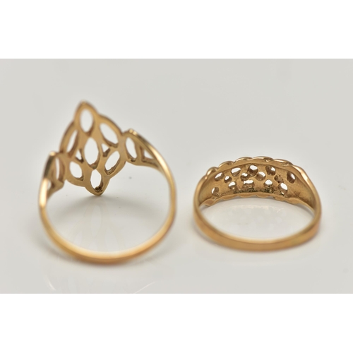 23 - TWO 9CT GOLD RINGS, the first of an openwork marquise form, bifurcated shoulders, leading onto a pol... 