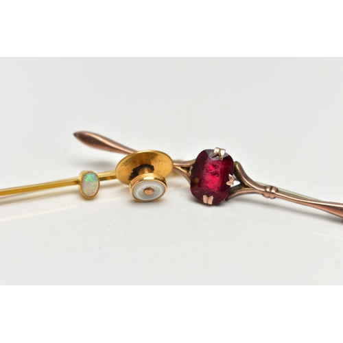 26 - TWO BAR BROOCHES AND A DRESS STUD, to include a polished yellow metal bar brooch set with an oval op... 