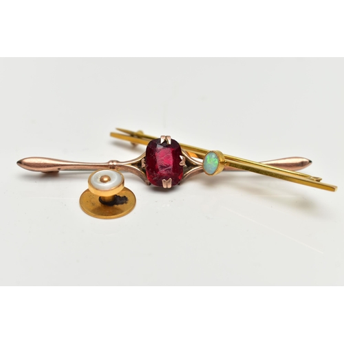 26 - TWO BAR BROOCHES AND A DRESS STUD, to include a polished yellow metal bar brooch set with an oval op... 