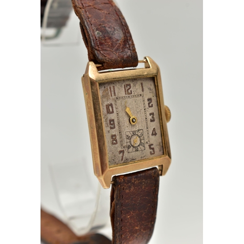 29 - A GENTS 9CT GOLD WRISTWATCH,  rectangular silver dial, Arabic numerals, seconds subsidiary dial at t... 