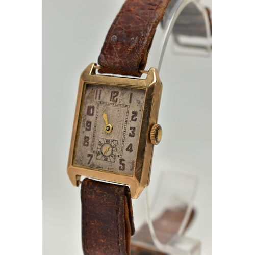 29 - A GENTS 9CT GOLD WRISTWATCH,  rectangular silver dial, Arabic numerals, seconds subsidiary dial at t... 