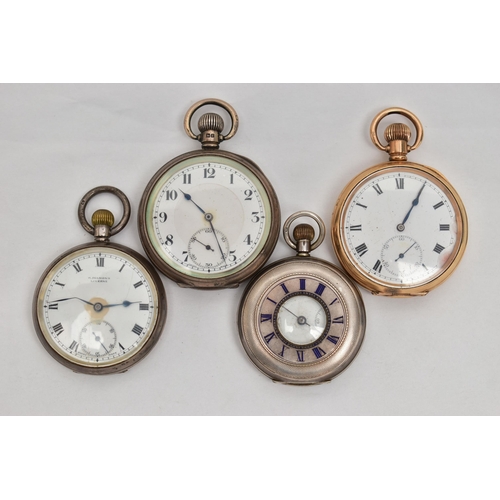 30 - FOUR POCKET WATCHES, to include a gold plated open face pocket watch, manual wind, white dial with R... 