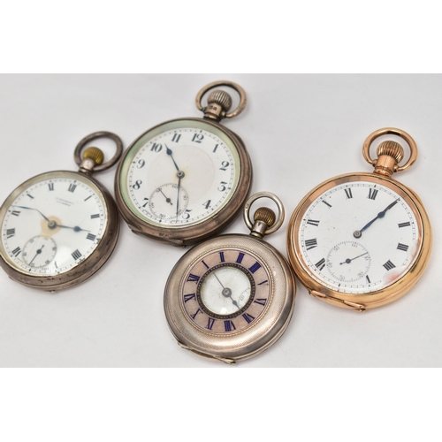 30 - FOUR POCKET WATCHES, to include a gold plated open face pocket watch, manual wind, white dial with R... 