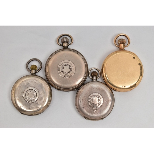 30 - FOUR POCKET WATCHES, to include a gold plated open face pocket watch, manual wind, white dial with R... 