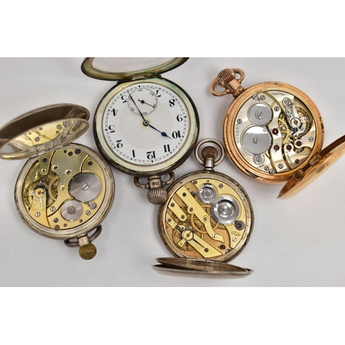 30 - FOUR POCKET WATCHES, to include a gold plated open face pocket watch, manual wind, white dial with R... 